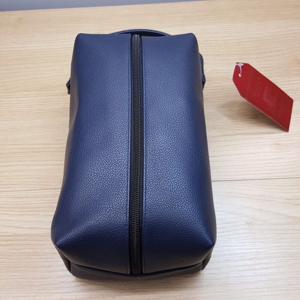 PERRY ELLIS Mens Navy Faux Leather Zip Case Travel Shave Toiletry Kit Bag Pouch - Picture 2 of 10